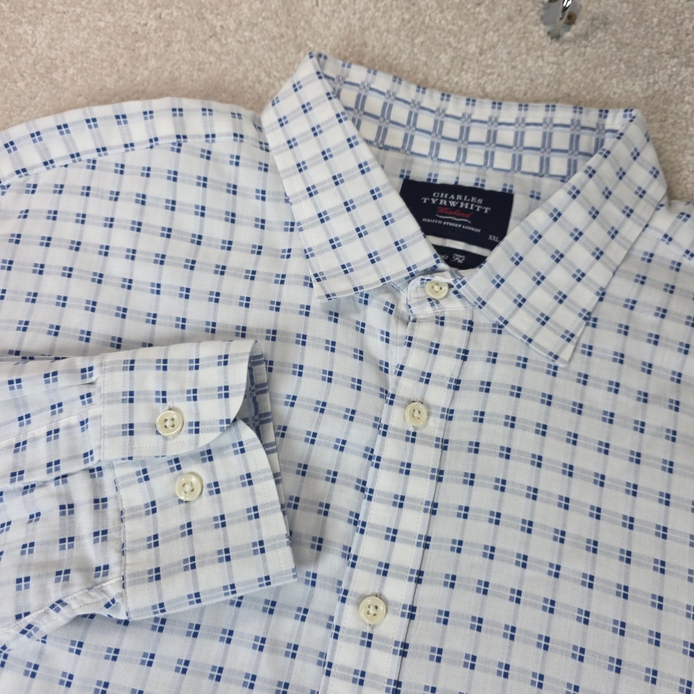 Charles Tyrwhitt Weekend Shirt Mens 2XL White Blue Plaid Classic Fit Long Sleeve